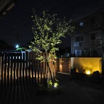 電球色のライトが庭を照らします